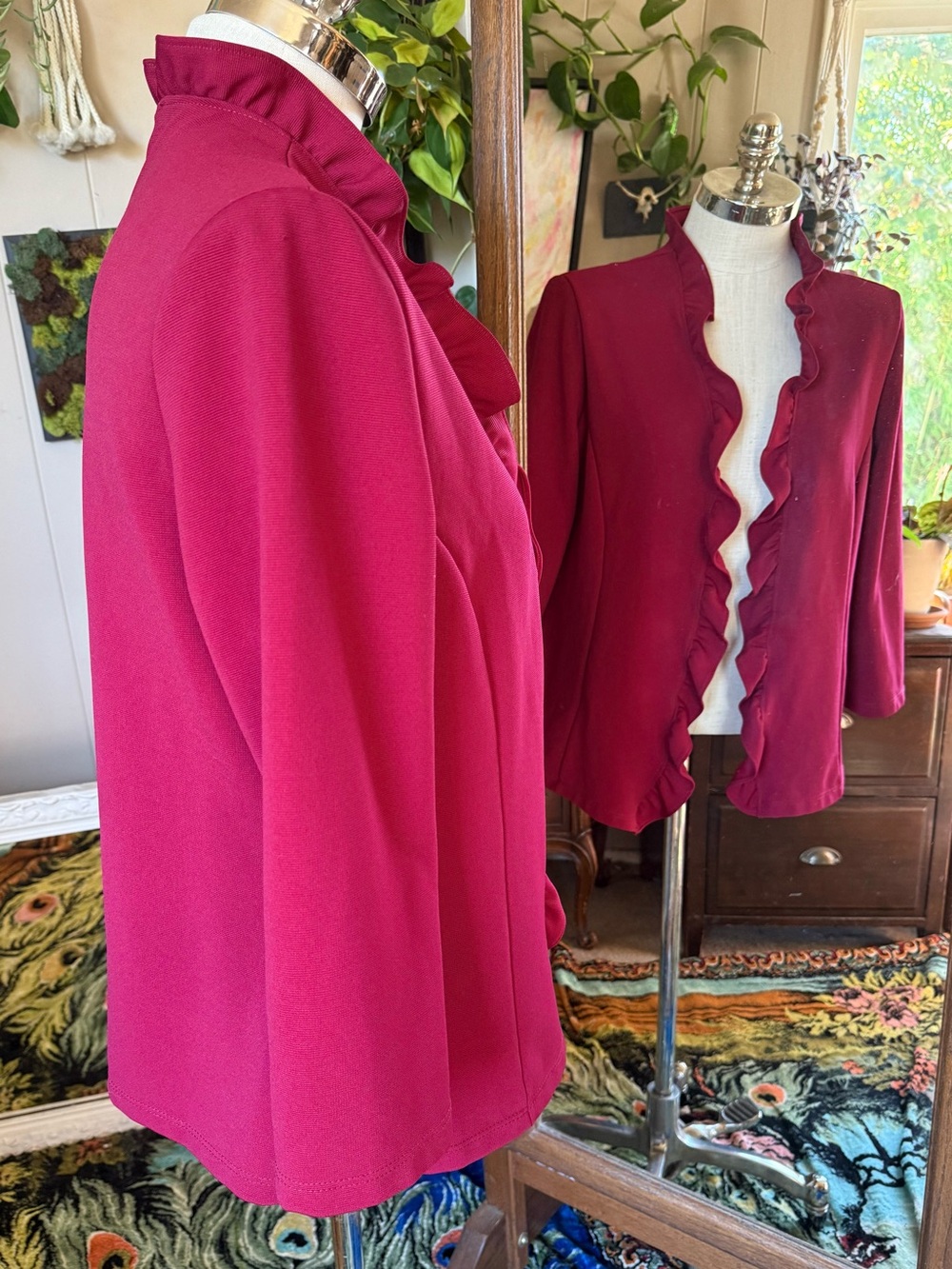 Slinky Brand Ruffle-Trim Open Front Jacket in Deep Raspberry, L - Picture 2 of 7